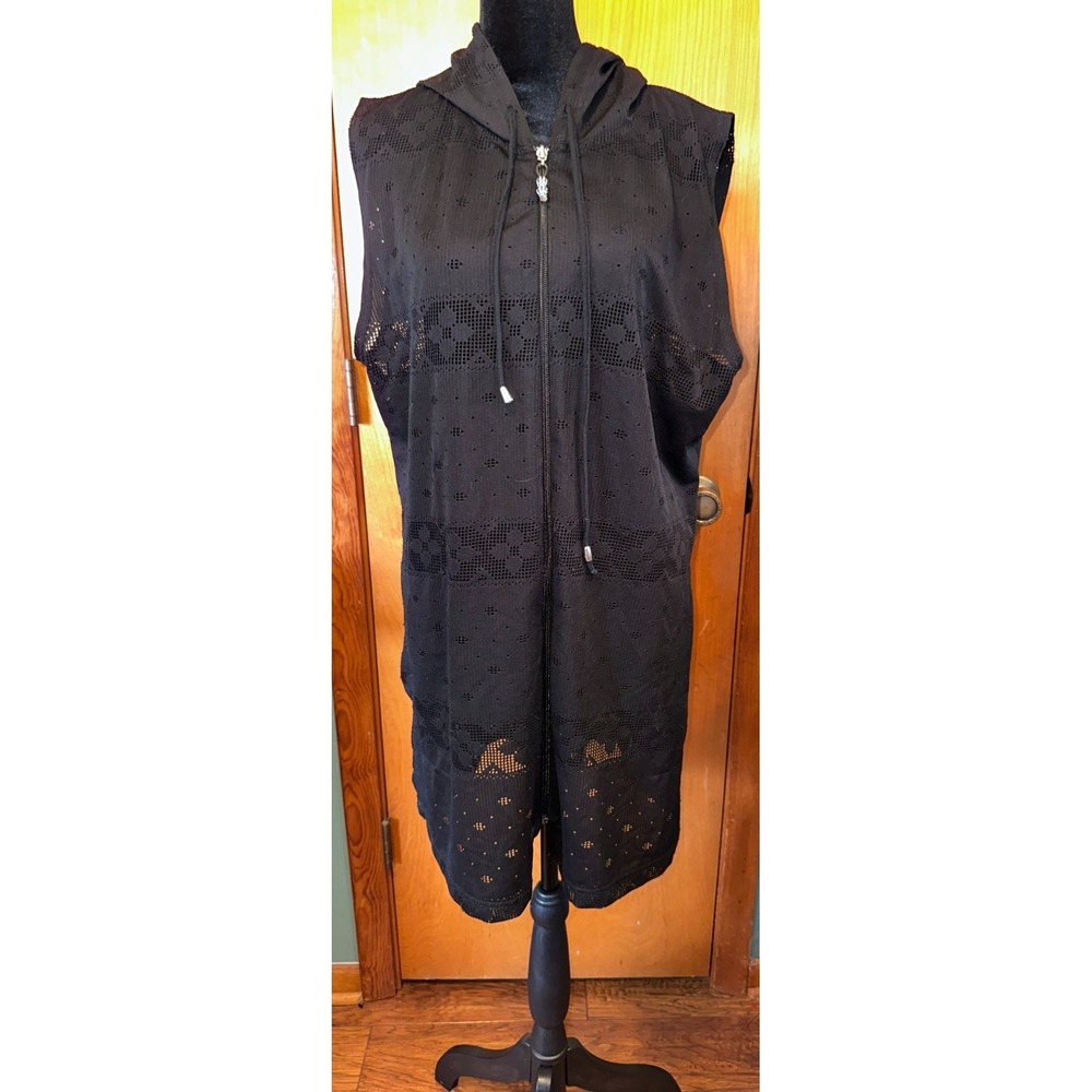 Ellen Weaver Black Mesh Tile Knit XL Full Zip Hooded Swim Cover Up Dress